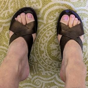 Kork-Ease platform wedge sandals US 6 Brown Pebble Leather 2.5" cork heel FLAW